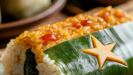 A colorful sushi roll is displayed on a bamboo mat, featuring vibrant toppings and a decorative star shape, showcasing culinary creativity and skill in Japanese cuisine.