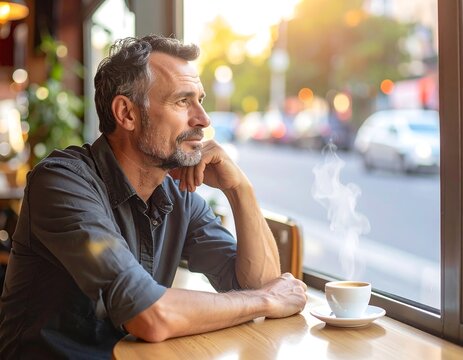 A man gazes thoughtfully from a cafe window with a coffee cup - Powered by Adobe