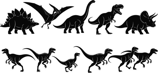 Black Silhouette of Dinosaurs Vector Set Including T-Rex, Triceratops, Raptor, Stegosaurus, and Pterodactyl for Prehistoric, Jurassic, and Paleontology Design. © MstJahanara