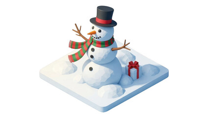 Festive Low Poly Snowman With Christmas Gift On Snow