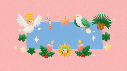 Naklejka premium Christmas decorative frame (wallpaper, poster, banner) with angel, candy cane, star, bird, plant, candle, holly & sun accent. Festive holiday design in soft pastel style.