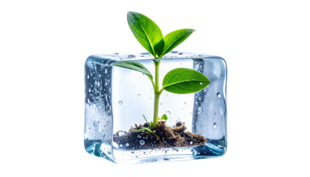 Fresh green mint leaves and a young plant are growing in clear glass with water, isolated on a white background, suggesting a healthy herbal drink or natural growth.