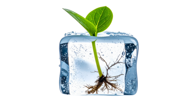 Fresh green plant leaf in a clear ice cube for a cold cocktail beverage.