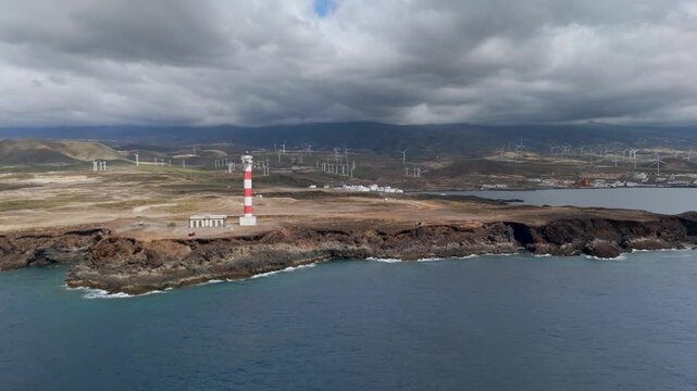 Aerial View of Abona Lighthouse and Volcanic Coastline in Arico Tenerife Spain