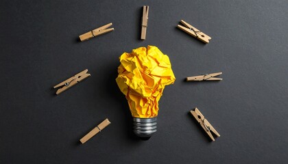 Yellow paper bulb with metal base on dark surface—evoking creativity, innovation, and the radiant choreography of ideas, design, and inspiration.