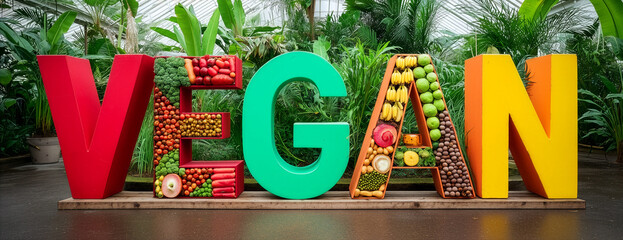 Vibrant Vegan Display with Fresh Produce in Greenhouse