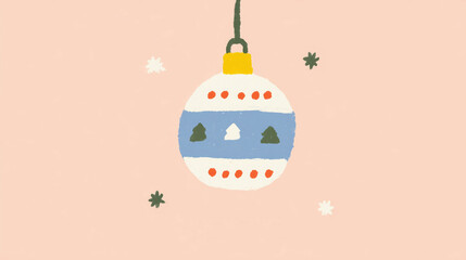 Christmas festive ornament (wallpaper, poster, banner) with blue stripe, tree motifs, red dots & star accents on soft pink background. Hand-drawn holiday decor in gentle, playful style.