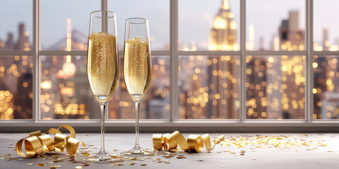 Champagne Toast with City Skyline Bokeh