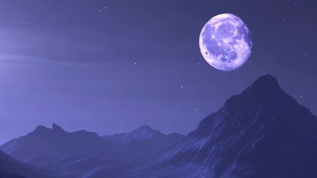 A striking view features a towering mountain silhouette illuminated by a bright full moon against a deep blue night sky filled with stars. This serene setting evokes a sense of calm.