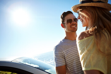Happy, couple and road trip with car, outdoor and together on summer vacation, adventure or journey. Love, man and bonding with woman in nature, sunshine and travel with vehicle and mockup space
