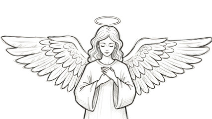 Serene Angel Illustration With Halo And Wings On Black Background