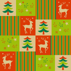 Colorful pine tree,cute deer,star and strips seamless pattern.Scandinavian folk design.Geometric ornament.Abstract illustration for print decor,wallpaper,happy Christmas holiday element,wrapping paper