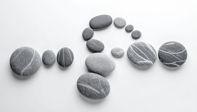 Gray stones arranged in a question mark shape on a white background