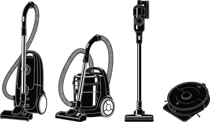 Canister, Upright, Stick, and Robotic Vacuum Cleaner Black and White Vector Illustration. © MstJahanara