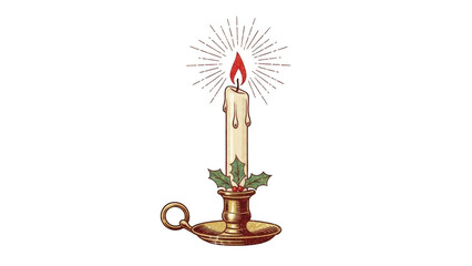 Vintage Christmas Candle With Holly And Glowing Flame Illustration