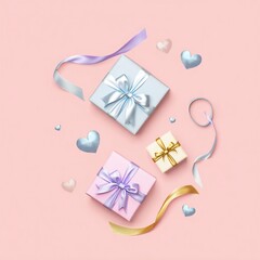 Elegant gifts on pink background with ribbons and hearts for celebration