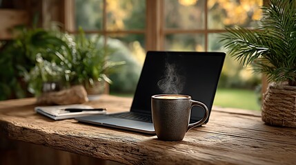 Modern home office desk with open laptop, notepad, coffee mug, and ambient daylight coming through a large window.