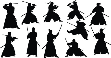 Obraz premium Collection of Dynamic Samurai Warrior Silhouettes in Various Katana Sword Fighting Poses for Martial Arts Vector Illustration Set