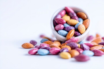 Colorful almonds spill from a small white bowl onto a white surface Some almonds are plain others are coated in blue pink yellow or purple candy