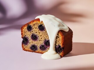 Slice of blueberry loaf cake with thick white glaze topping
