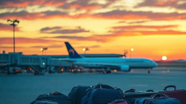 Several pieces of luggage are stacked neatly on the tarmac during a vibrant sunset. An airplane is seen parked at the terminal, completing the travel atmosphere.