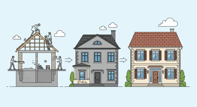 Illustration showing the stages of building a house from foundation to completion. - Powered by Adobe
