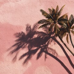 Palm trees cast shadows on a pink wall in a tropical summer setting