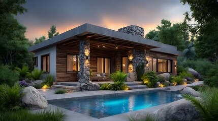 Modern house with wooden panels, elegant nighttime ambiance, clear stars in the background sky, poolside reflections and calm design.
