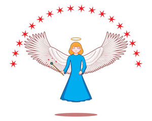 illustration vector cute funny flying angel in blue dress clothing with star magic angel stick design drawing in colorful