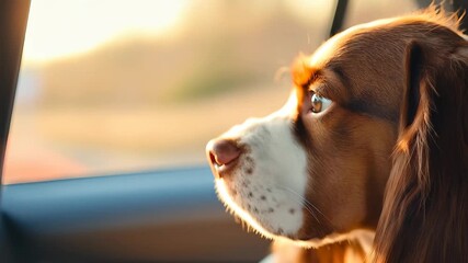 A brown and white dog with soulful eyes relaxes in a vehicle, snuggled under a blanket as the sun sets, creating a warm, serene atmosphere.