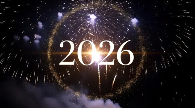Year two thousand and twenty six with fireworks display on a black background celebration event