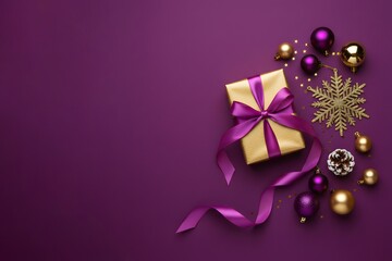 Gold gift box with purple ribbon surrounded by festive ornaments on a purple backdrop, conveying elegance and holiday spirit. Merry Christmas and New Year.