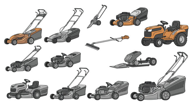 Collection of various garden and lawn care equipment, including lawnmowers and tools.