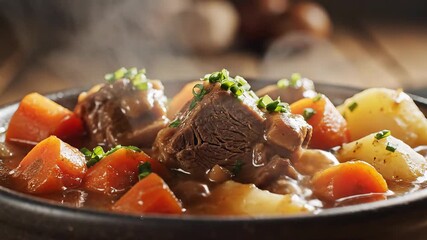 Hearty Beef Stew with Tender Meat Carrots and Potatoes A Comforting and Flavorful Dish Perfect for Cold Weather Garnished with Fresh Herbs and Served Hot. - Powered by Adobe