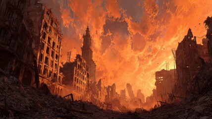 desolate city ruins in a post-apocalyptic landscape with crumbling buildings, overgrown vegetation, and eerie cloudy sky creating a haunting, abandoned urban scene