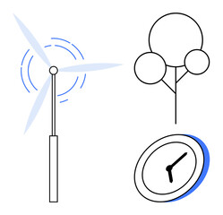 Wind turbine generating energy, tree representing nature, and clock symbolizing time. Ideal for sustainability, renewable energy, environmental awareness, conservation, eco-consciousness, future
