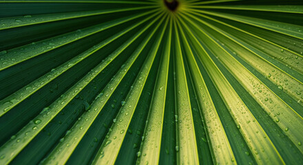 Obraz premium Close-up of Wet Green Palm Leaf Veins with Water Droplets nature plant