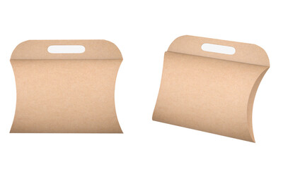 Kraft Paper Pillow Box with Handle Mockup Isolated On White Background. 3d Illustration