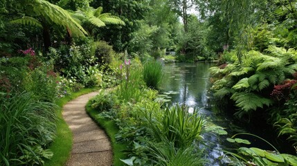 A peaceful garden features a winding path next to a tranquil pond. Lush foliage and colorful flowers create a serene atmosphere inviting relaxation and reflection.