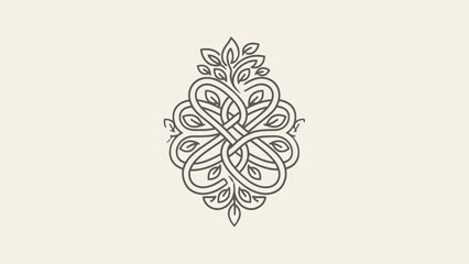 Elegant symmetrical line art illustration featuring an intricate organic knot pattern with stylized leaves on a light background.