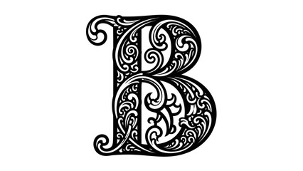 An ornate, decorative capital letter B with intricate floral swirls and filigree details.