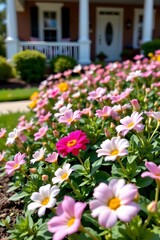 Fototapeta premium A serene suburban scene. A house with a white porch and red flowers adorning the railings is partially visible in the background