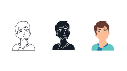 Fototapeta premium Three distinct illustrations of a thoughtful young man, pondering with his hand his chin