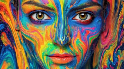 A person with a beautifully painted face displays an array of vibrant colors and patterns. This expressive artwork reflects creativity and artistic exploration. - Powered by Adobe