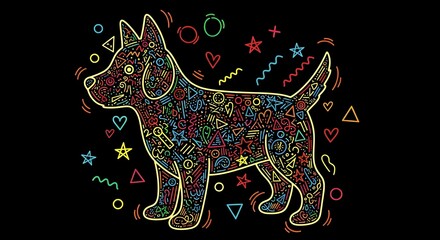 Dog Colorful Doodle &ndash; Cute Illustration on Black Background