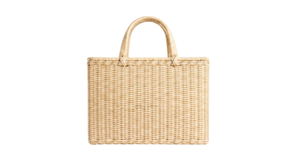 Rectangular woven straw handbag with structured shape and top handles