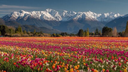 Obraz premium Vibrant field of colorful tulips stretching across the valley with snow-capped andes mountains and clear blue sky in trevelin, argentina, showcasing breathtaking natural landscape and scenic floral be