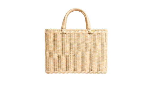 Rectangular woven straw handbag with structured shape and top handles