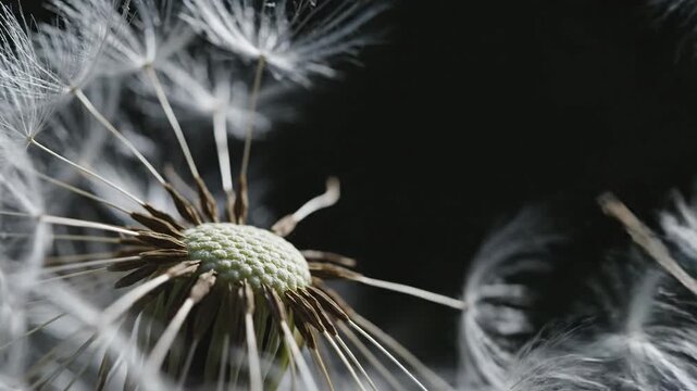 Close up dandelion seed head with seeds flying against dark background macro nature detail