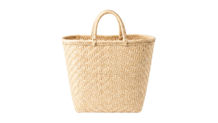 Tall woven straw tote bag with natural fiber texture and looped handles